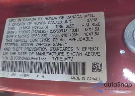 2018 Honda Cr-V Ex-L/Ex-L Navi from USA, damaged, VIN 2HKRW2H83JH661733